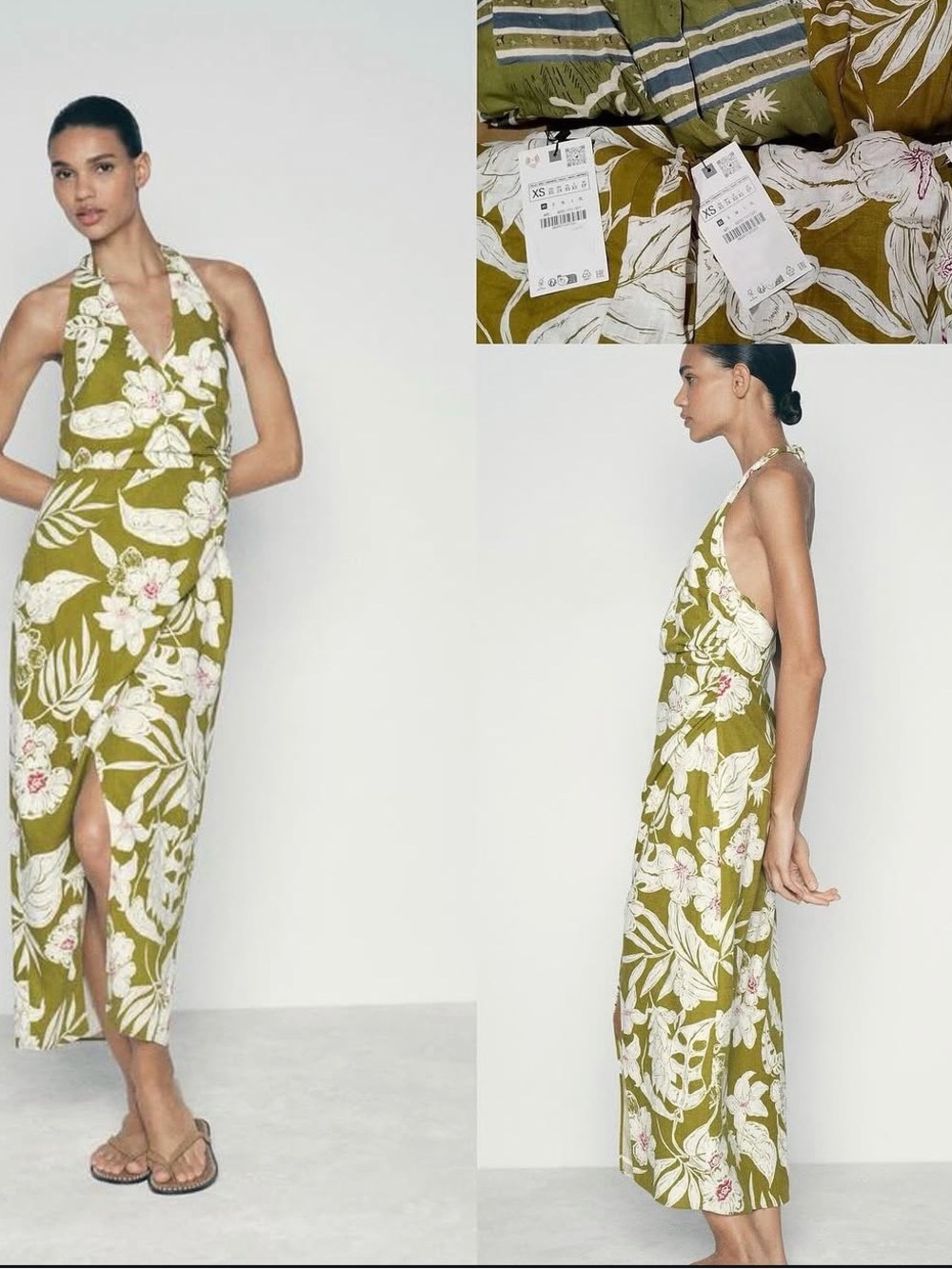 Zara Olive Green Floral Halter Maxi Dress